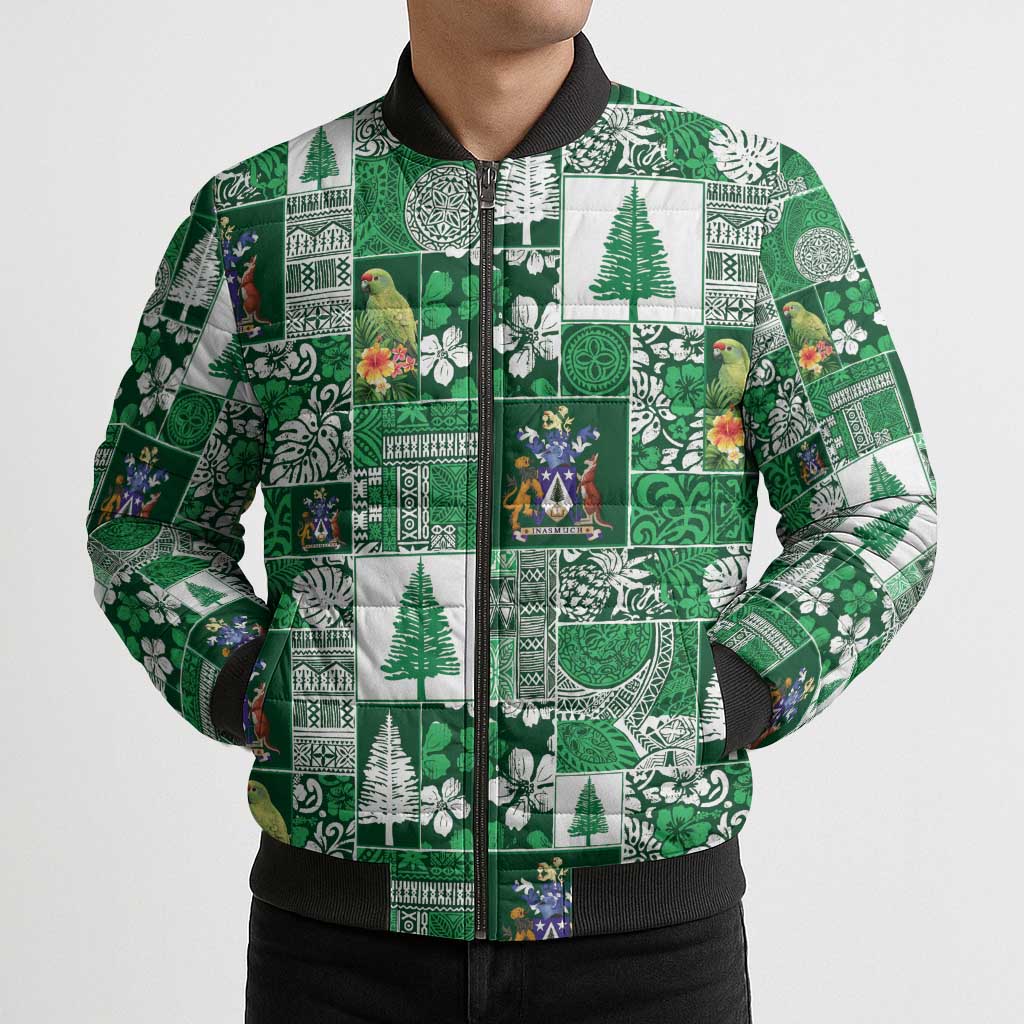 Norfolk Island Meri Krismas Bomber Puffer Jacket Pacific Patchwork Xmas Vibes - Polynesian Pride
