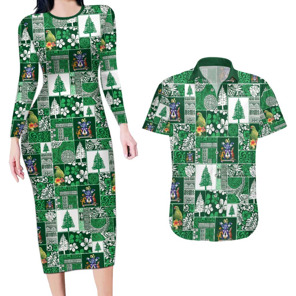 Norfolk Island Meri Krismas Couples Matching Long Sleeve Bodycon Dress and Hawaiian Shirt Pacific Patchwork Xmas Vibes - Polynesian Pride