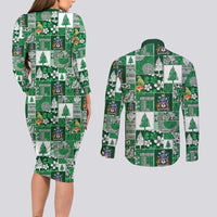 Norfolk Island Meri Krismas Couples Matching Long Sleeve Bodycon Dress and Long Sleeve Button Shirt Pacific Patchwork Xmas Vibes - Polynesian Pride