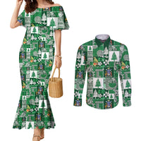 Norfolk Island Meri Krismas Couples Matching Mermaid Dress and Long Sleeve Button Shirt Pacific Patchwork Xmas Vibes - Polynesian Pride