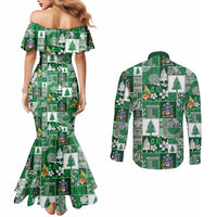 Norfolk Island Meri Krismas Couples Matching Mermaid Dress and Long Sleeve Button Shirt Pacific Patchwork Xmas Vibes - Polynesian Pride