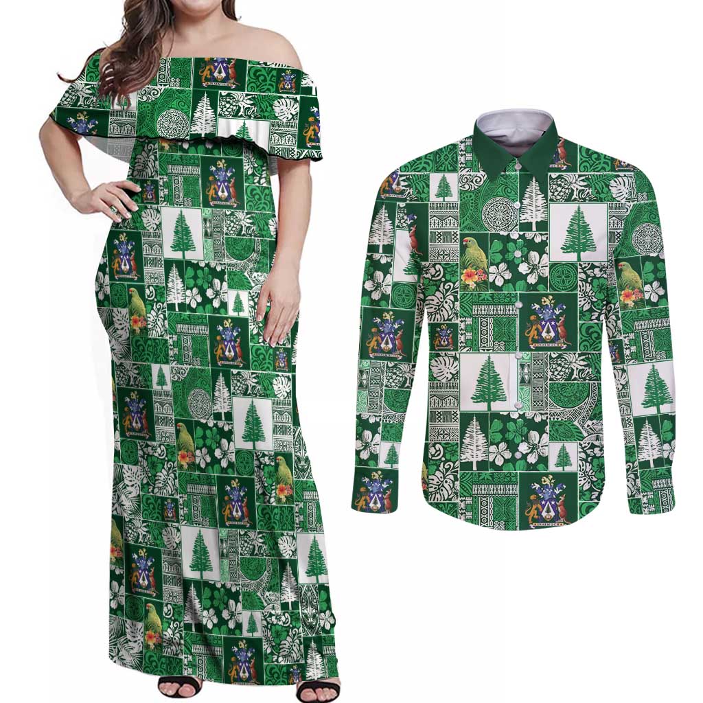 Norfolk Island Meri Krismas Couples Matching Off Shoulder Maxi Dress and Long Sleeve Button Shirt Pacific Patchwork Xmas Vibes - Polynesian Pride