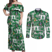 Norfolk Island Meri Krismas Couples Matching Off Shoulder Maxi Dress and Long Sleeve Button Shirt Pacific Patchwork Xmas Vibes - Polynesian Pride
