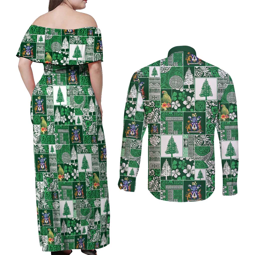 Norfolk Island Meri Krismas Couples Matching Off Shoulder Maxi Dress and Long Sleeve Button Shirt Pacific Patchwork Xmas Vibes - Polynesian Pride