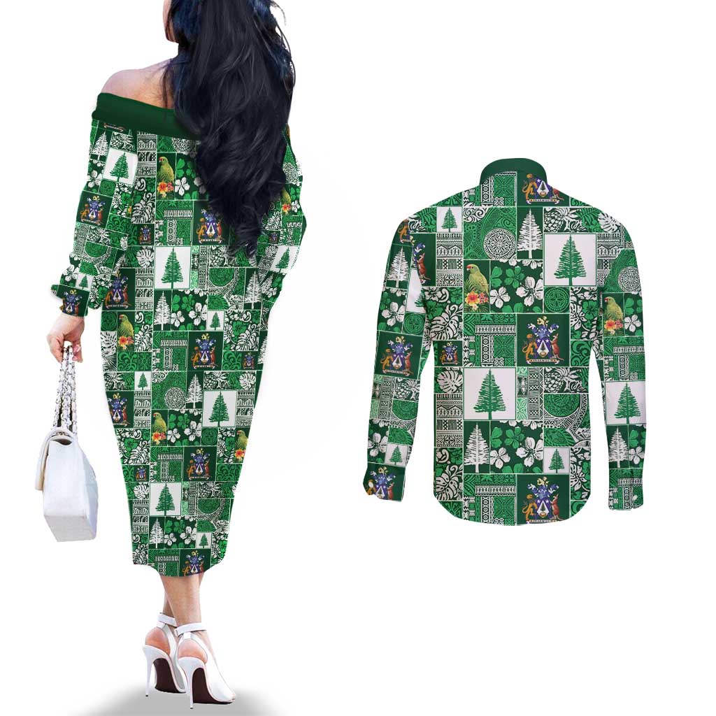 Norfolk Island Meri Krismas Couples Matching Off The Shoulder Long Sleeve Dress and Long Sleeve Button Shirt Pacific Patchwork Xmas Vibes - Polynesian Pride