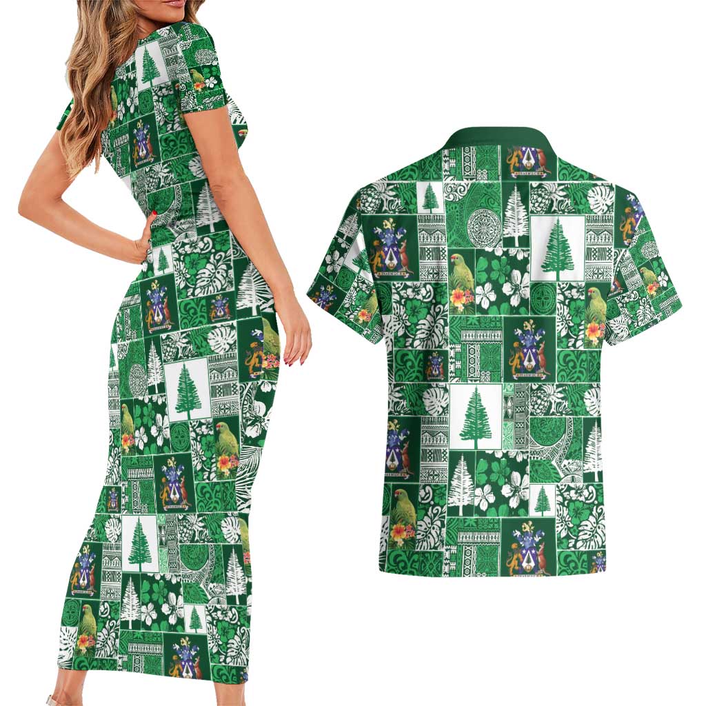 Norfolk Island Meri Krismas Couples Matching Short Sleeve Bodycon Dress and Hawaiian Shirt Pacific Patchwork Xmas Vibes - Polynesian Pride