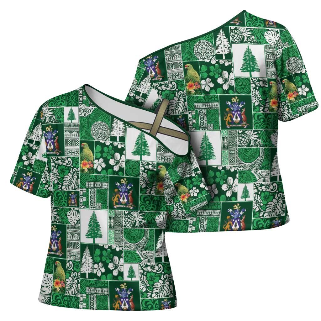 Norfolk Island Meri Krismas Cross Shoulder Shirt Pacific Patchwork Xmas Vibes - Polynesian Pride