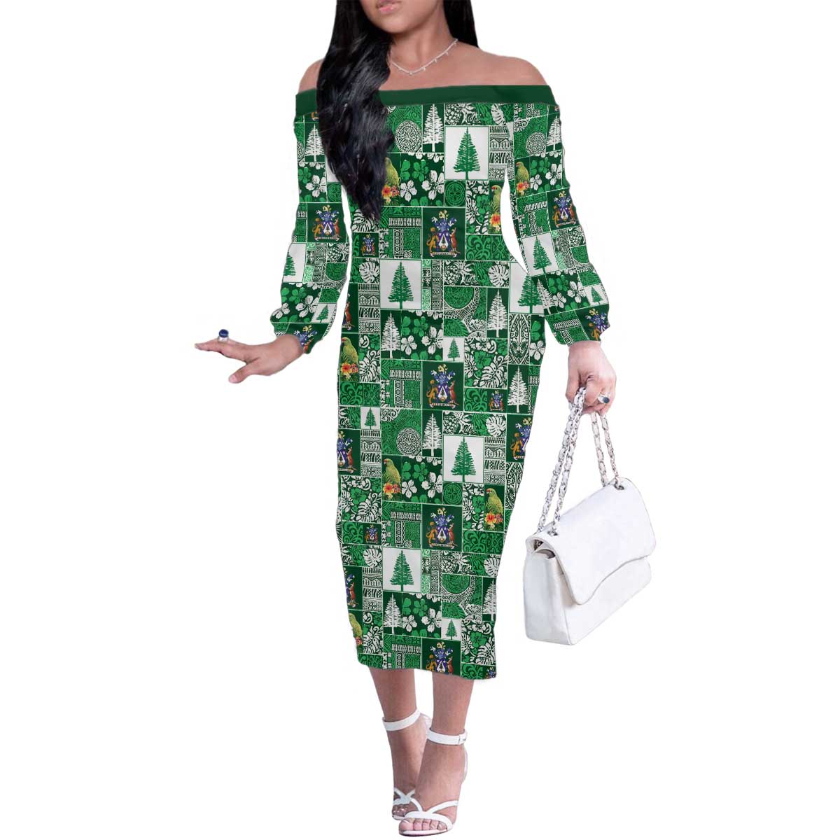 Norfolk Island Meri Krismas Family Matching Off The Shoulder Long Sleeve Dress and Hawaiian Shirt Pacific Patchwork Xmas Vibes - Polynesian Pride