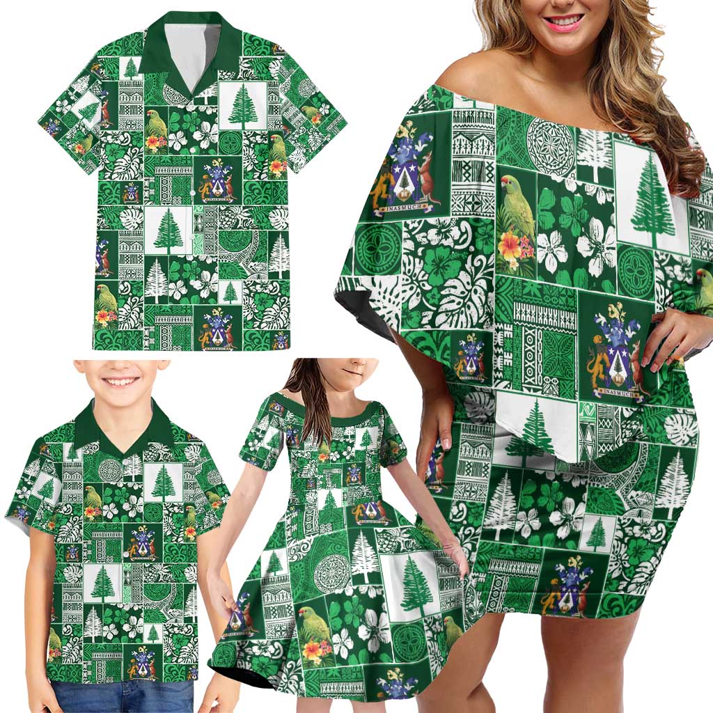 Norfolk Island Meri Krismas Family Matching Off Shoulder Short Dress and Hawaiian Shirt Pacific Patchwork Xmas Vibes - Polynesian Pride