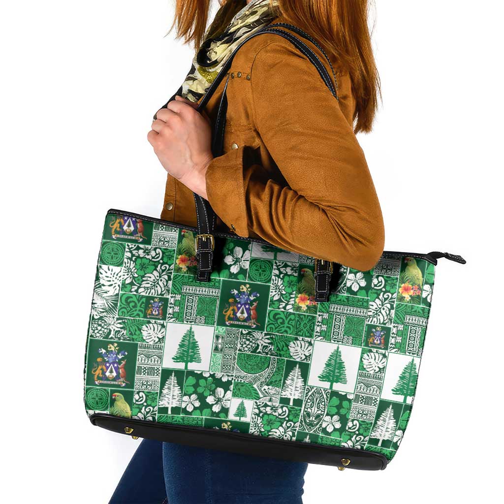 Norfolk Island Meri Krismas Leather Tote Bag Pacific Patchwork Xmas Vibes - Polynesian Pride