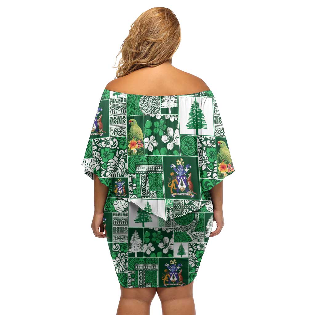 Norfolk Island Meri Krismas Off Shoulder Short Dress Pacific Patchwork Xmas Vibes - Polynesian Pride