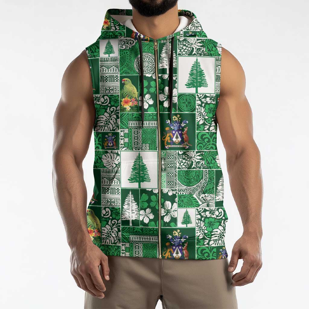 Norfolk Island Meri Krismas Sleeveless Zip Hoodie Pacific Patchwork Xmas Vibes - Polynesian Pride