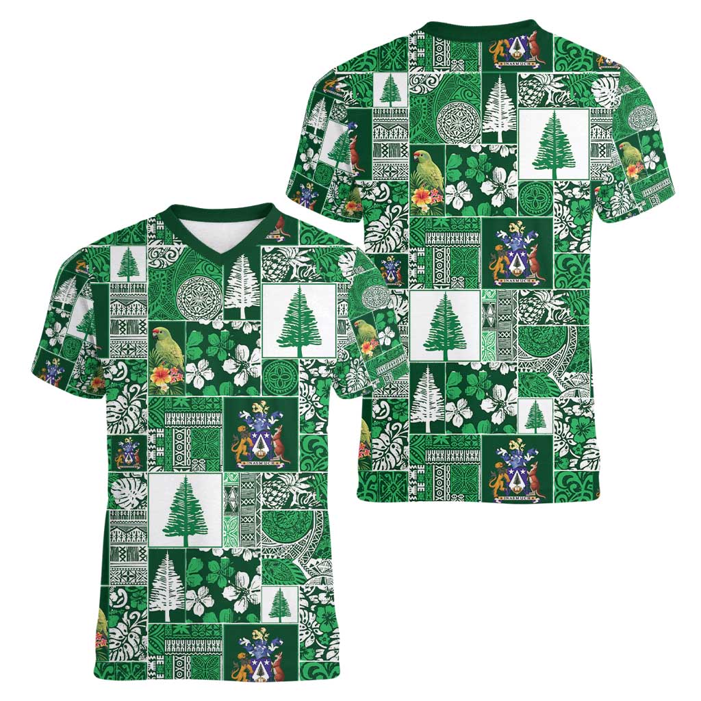 Norfolk Island Meri Krismas Women V-Neck T-Shirt Pacific Patchwork Xmas Vibes - Polynesian Pride