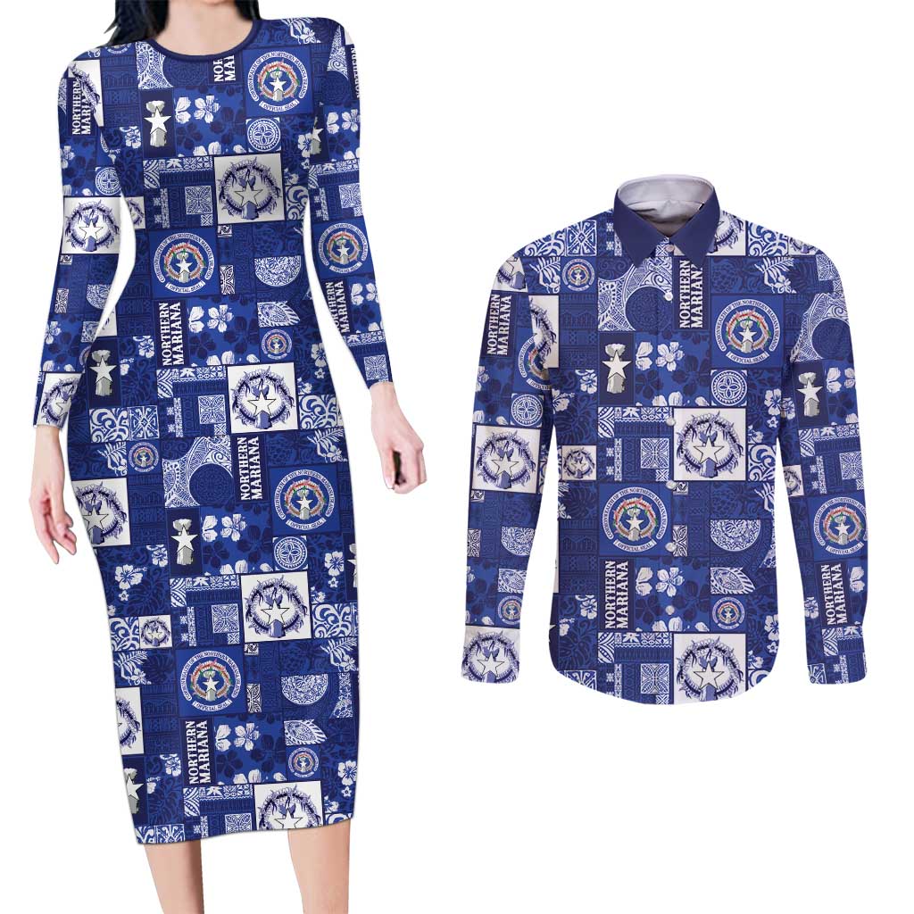 Northern Mariana Islands Magof Nochebuena Couples Matching Long Sleeve Bodycon Dress and Long Sleeve Button Shirt Pacific Patchwork Xmas Vibes - Polynesian Pride