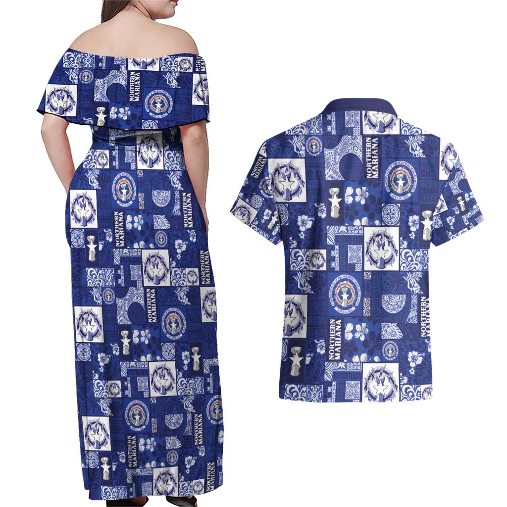 Northern Mariana Islands Magof Nochebuena Couples Matching Off Shoulder Maxi Dress and Hawaiian Shirt Pacific Patchwork Xmas Vibes - Polynesian Pride