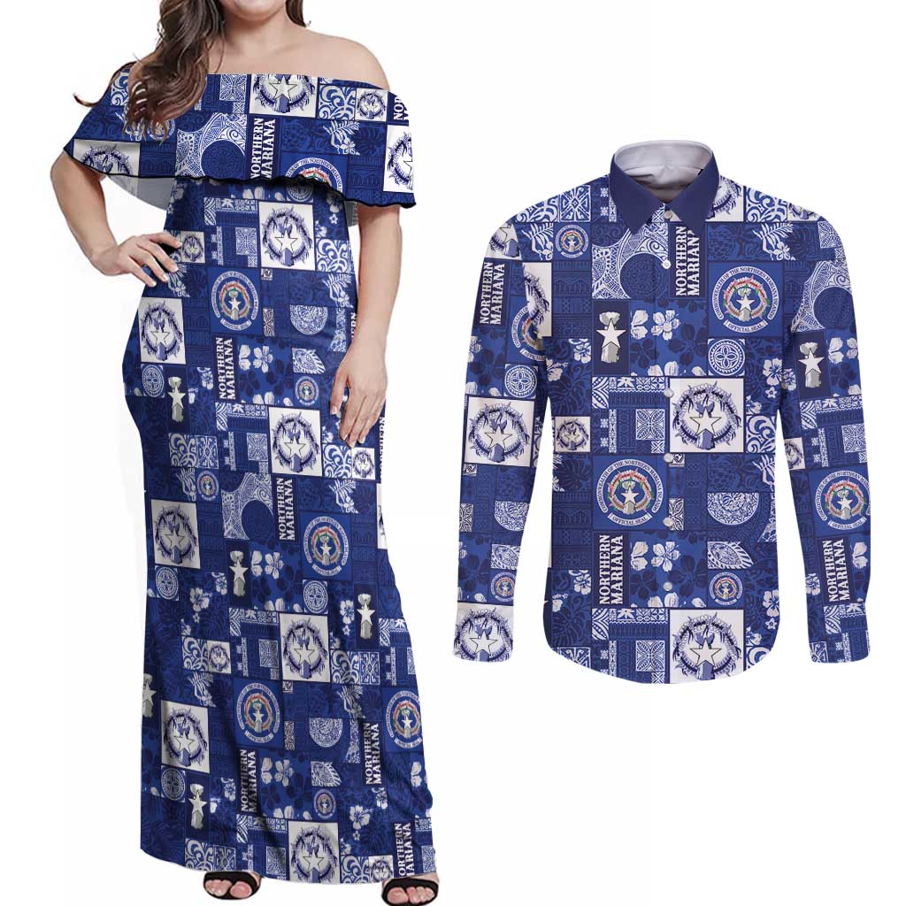 Northern Mariana Islands Magof Nochebuena Couples Matching Off Shoulder Maxi Dress and Long Sleeve Button Shirt Pacific Patchwork Xmas Vibes - Polynesian Pride