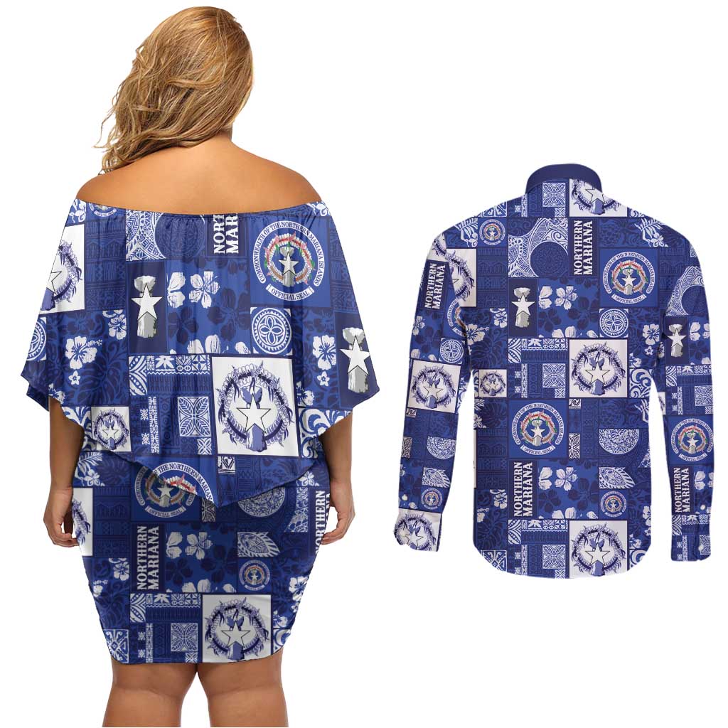 Northern Mariana Islands Magof Nochebuena Couples Matching Off Shoulder Short Dress and Long Sleeve Button Shirt Pacific Patchwork Xmas Vibes - Polynesian Pride