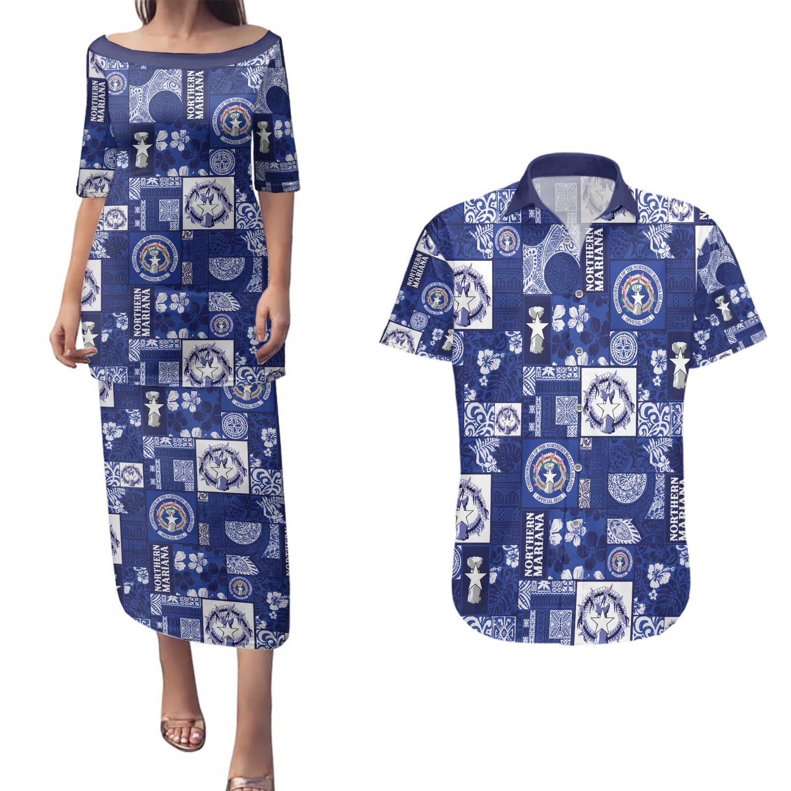 Northern Mariana Islands Magof Nochebuena Couples Matching Puletasi and Hawaiian Shirt Pacific Patchwork Xmas Vibes - Polynesian Pride