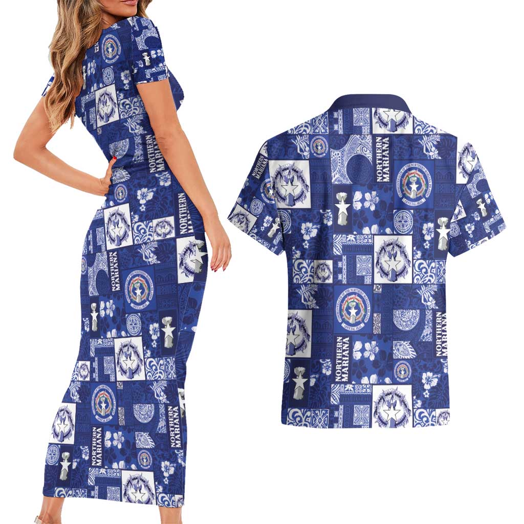 Northern Mariana Islands Magof Nochebuena Couples Matching Short Sleeve Bodycon Dress and Hawaiian Shirt Pacific Patchwork Xmas Vibes - Polynesian Pride