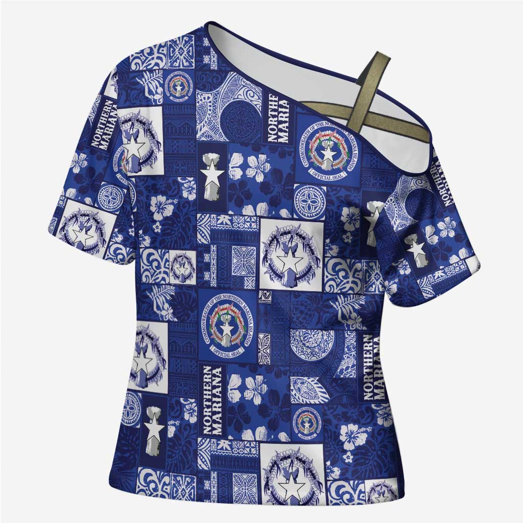 Northern Mariana Islands Magof Nochebuena Cross Shoulder Shirt Pacific Patchwork Xmas Vibes - Polynesian Pride