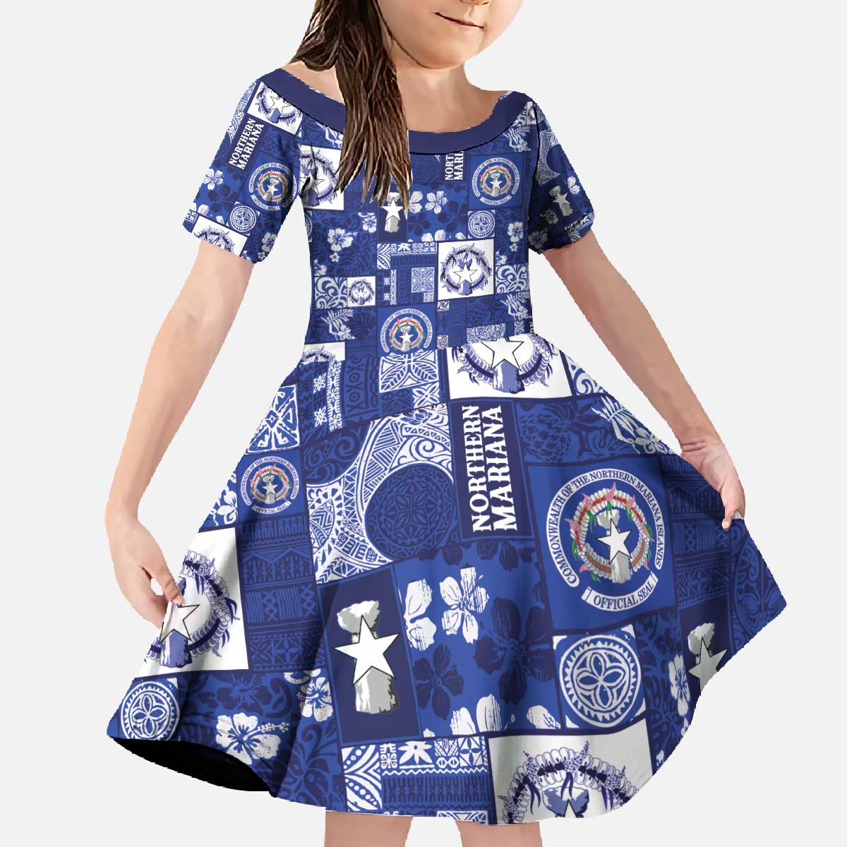 Northern Mariana Islands Magof Nochebuena Family Matching Off The Shoulder Long Sleeve Dress and Hawaiian Shirt Pacific Patchwork Xmas Vibes - Polynesian Pride
