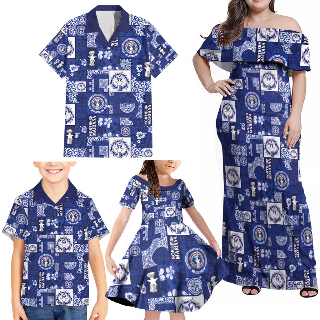 Northern Mariana Islands Magof Nochebuena Family Matching Off Shoulder Maxi Dress and Hawaiian Shirt Pacific Patchwork Xmas Vibes - Polynesian Pride