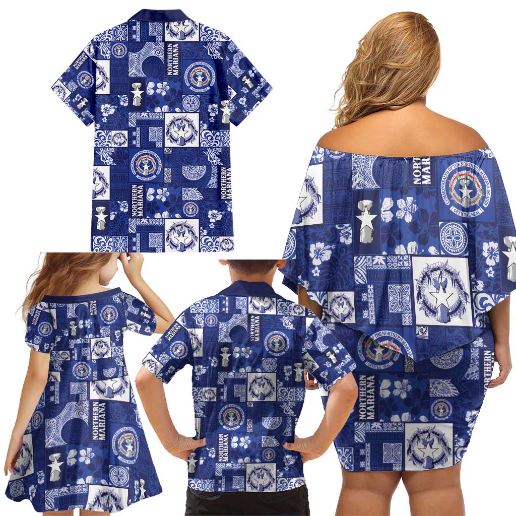 Northern Mariana Islands Magof Nochebuena Family Matching Off Shoulder Short Dress and Hawaiian Shirt Pacific Patchwork Xmas Vibes - Polynesian Pride
