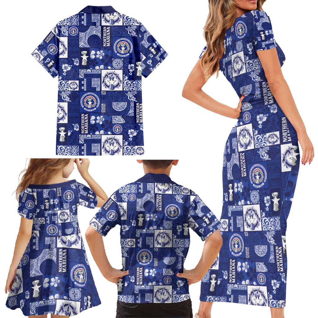 Northern Mariana Islands Magof Nochebuena Family Matching Short Sleeve Bodycon Dress and Hawaiian Shirt Pacific Patchwork Xmas Vibes - Polynesian Pride