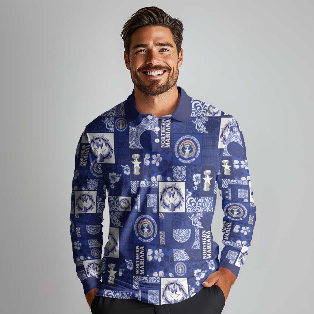 Northern Mariana Islands Magof Nochebuena Long Sleeve Polo Shirt Pacific Patchwork Xmas Vibes - Polynesian Pride