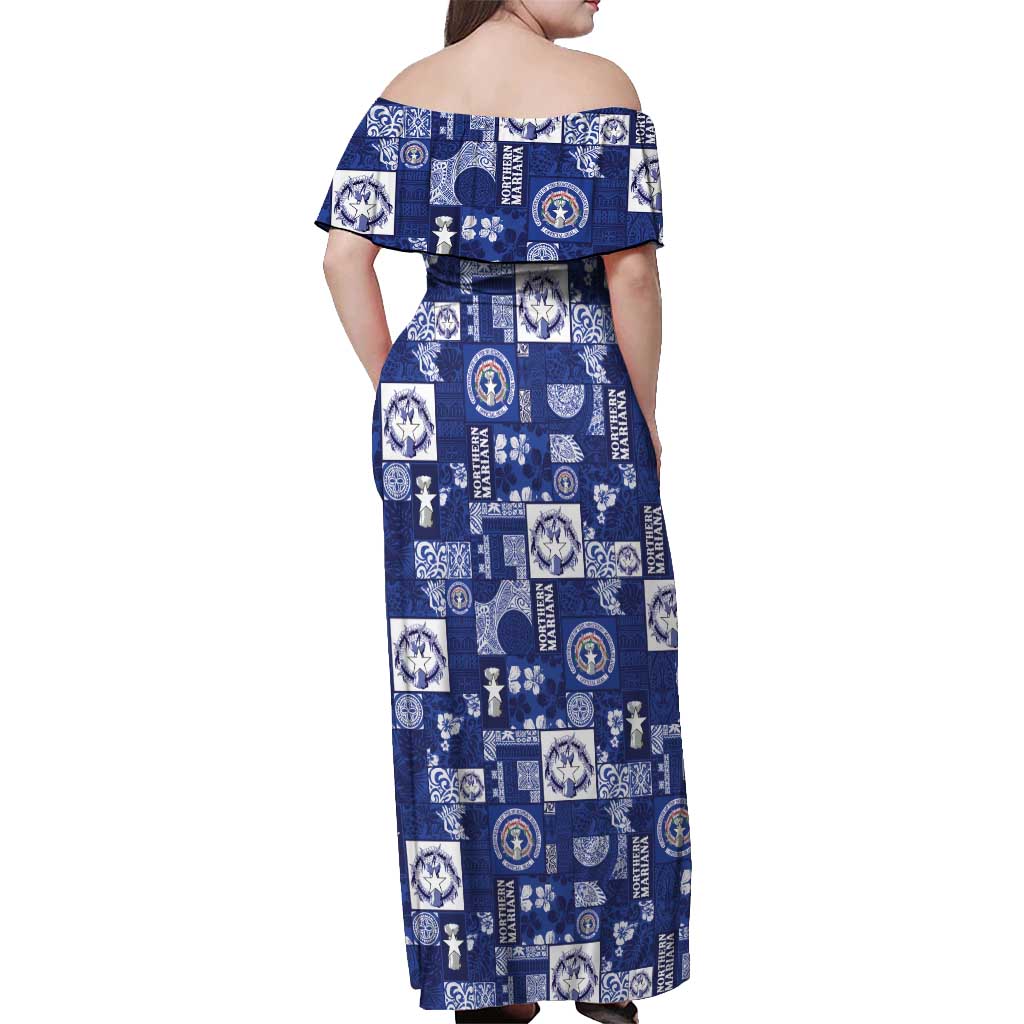Northern Mariana Islands Magof Nochebuena Off Shoulder Maxi Dress Pacific Patchwork Xmas Vibes - Polynesian Pride