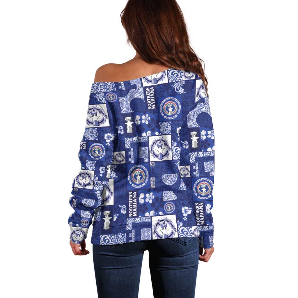 Northern Mariana Islands Magof Nochebuena Off Shoulder Sweater Pacific Patchwork Xmas Vibes - Polynesian Pride