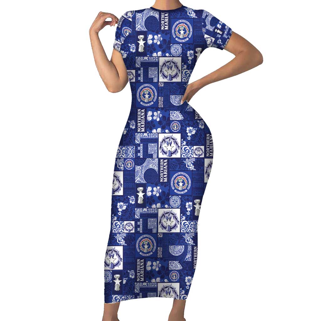 Northern Mariana Islands Magof Nochebuena Short Sleeve Bodycon Dress Pacific Patchwork Xmas Vibes - Polynesian Pride