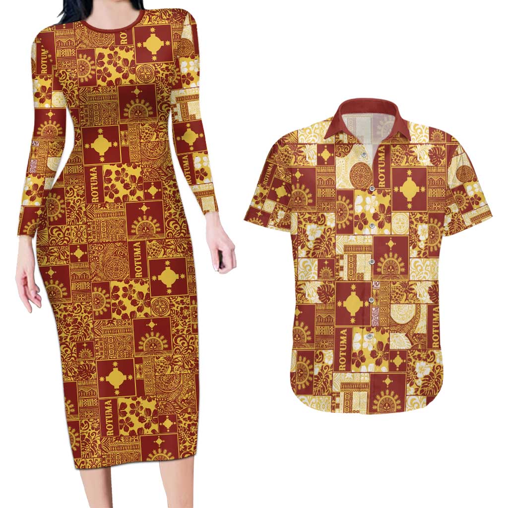 Rotuma Faiakse'ea 'e Kirisimasi Couples Matching Long Sleeve Bodycon Dress and Hawaiian Shirt Pacific Patchwork Xmas Vibes - Polynesian Pride