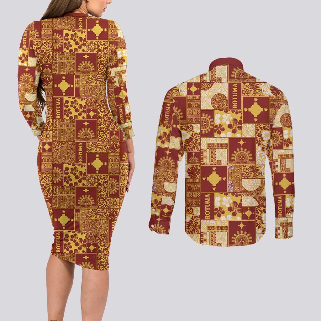 Rotuma Faiakse'ea 'e Kirisimasi Couples Matching Long Sleeve Bodycon Dress and Long Sleeve Button Shirt Pacific Patchwork Xmas Vibes - Polynesian Pride