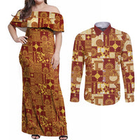 Rotuma Faiakse'ea 'e Kirisimasi Couples Matching Off Shoulder Maxi Dress and Long Sleeve Button Shirt Pacific Patchwork Xmas Vibes - Polynesian Pride