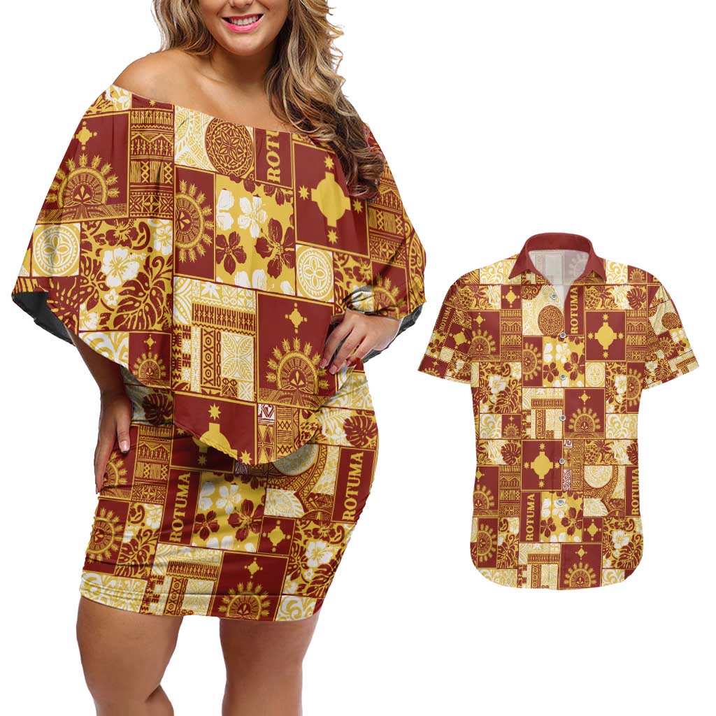 Rotuma Faiakse'ea 'e Kirisimasi Couples Matching Off Shoulder Short Dress and Hawaiian Shirt Pacific Patchwork Xmas Vibes - Polynesian Pride