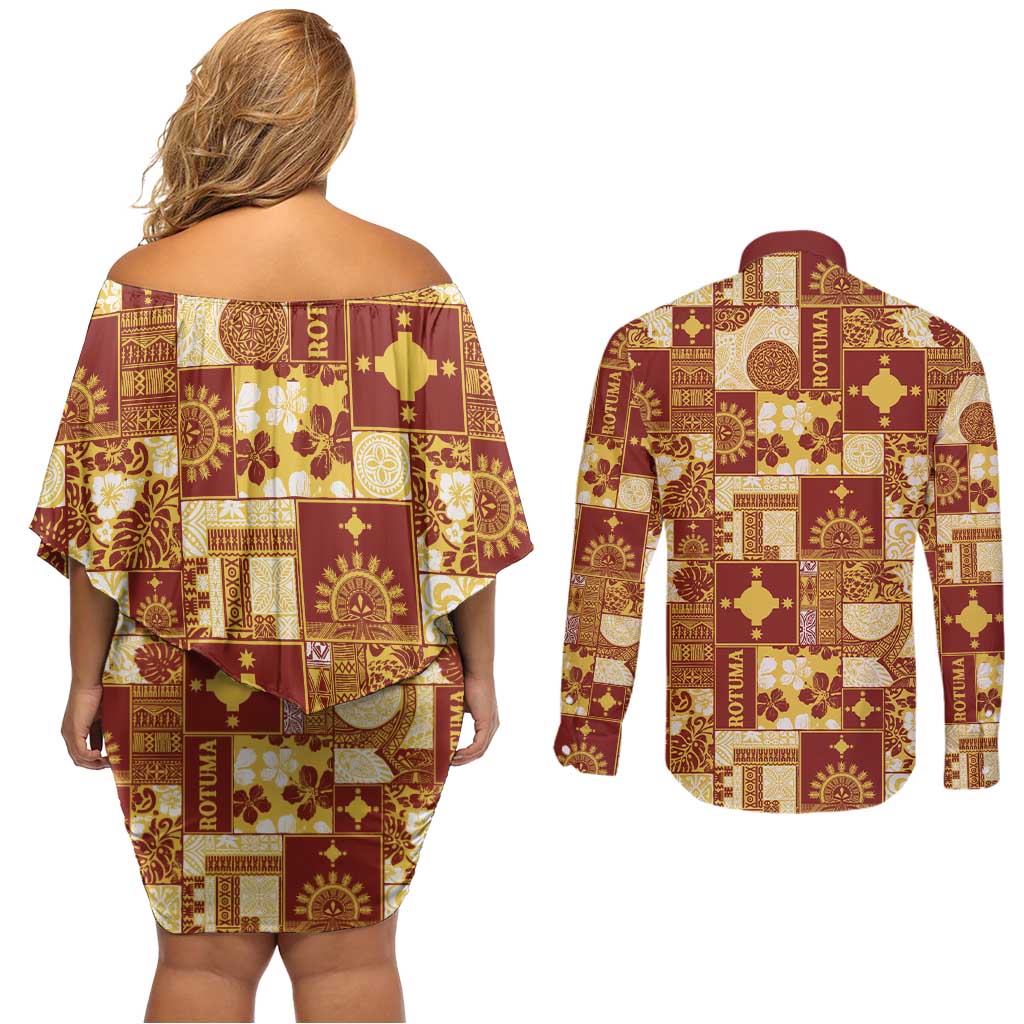 Rotuma Faiakse'ea 'e Kirisimasi Couples Matching Off Shoulder Short Dress and Long Sleeve Button Shirt Pacific Patchwork Xmas Vibes - Polynesian Pride