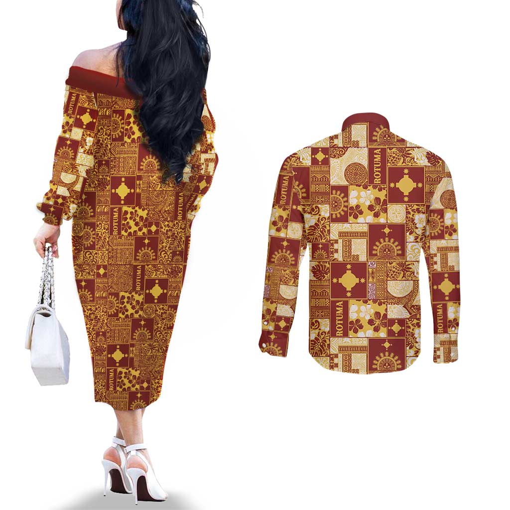 Rotuma Faiakse'ea 'e Kirisimasi Couples Matching Off The Shoulder Long Sleeve Dress and Long Sleeve Button Shirt Pacific Patchwork Xmas Vibes - Polynesian Pride