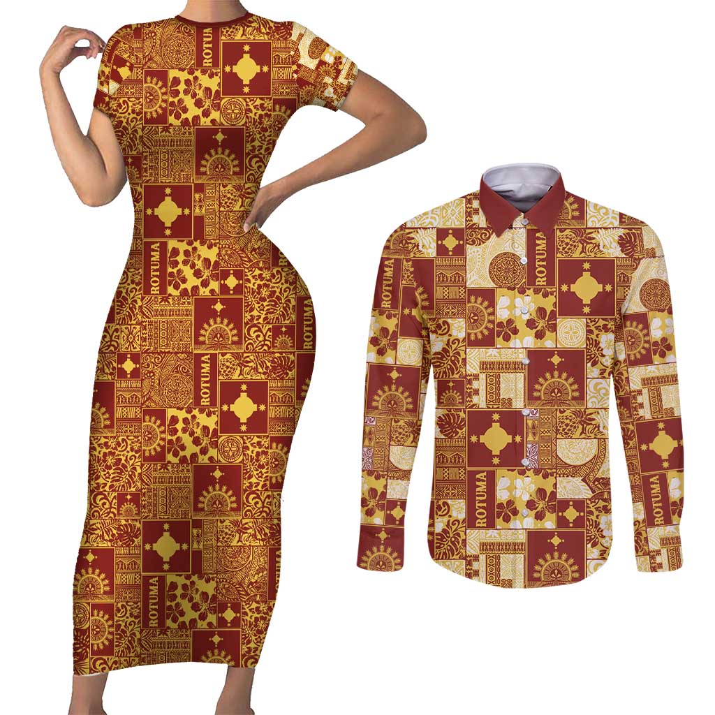 Rotuma Faiakse'ea 'e Kirisimasi Couples Matching Short Sleeve Bodycon Dress and Long Sleeve Button Shirt Pacific Patchwork Xmas Vibes - Polynesian Pride