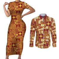 Rotuma Faiakse'ea 'e Kirisimasi Couples Matching Short Sleeve Bodycon Dress and Long Sleeve Button Shirt Pacific Patchwork Xmas Vibes - Polynesian Pride