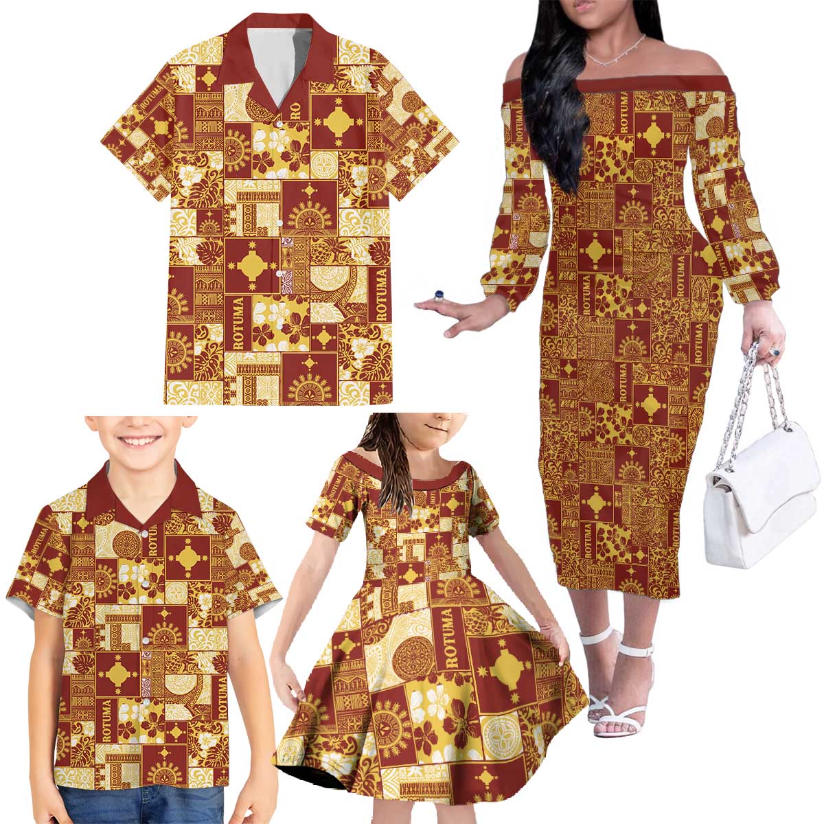 Rotuma Faiakse'ea 'e Kirisimasi Family Matching Off The Shoulder Long Sleeve Dress and Hawaiian Shirt Pacific Patchwork Xmas Vibes - Polynesian Pride