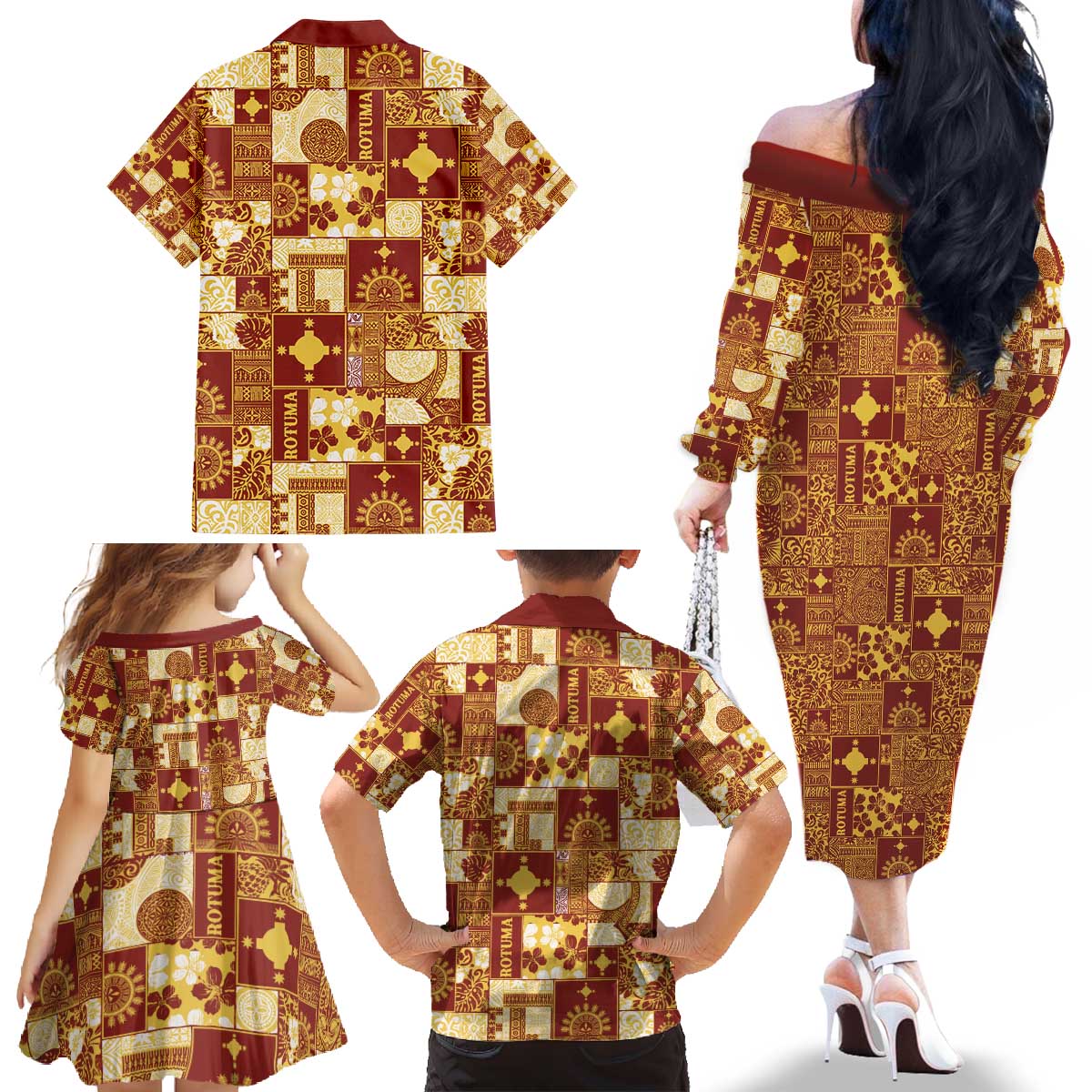 Rotuma Faiakse'ea 'e Kirisimasi Family Matching Off The Shoulder Long Sleeve Dress and Hawaiian Shirt Pacific Patchwork Xmas Vibes - Polynesian Pride