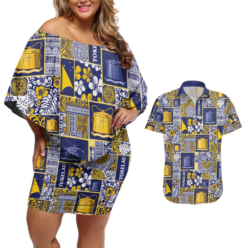 Tokelau Manuia te Kilihimahi Couples Matching Off Shoulder Short Dress and Hawaiian Shirt Pacific Patchwork Xmas Vibes - Polynesian Pride