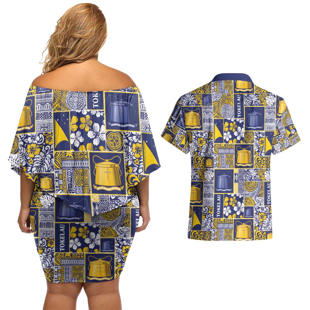 Tokelau Manuia te Kilihimahi Couples Matching Off Shoulder Short Dress and Hawaiian Shirt Pacific Patchwork Xmas Vibes - Polynesian Pride