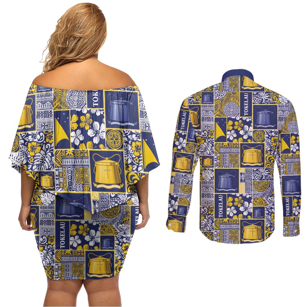 Tokelau Manuia te Kilihimahi Couples Matching Off Shoulder Short Dress and Long Sleeve Button Shirt Pacific Patchwork Xmas Vibes - Polynesian Pride