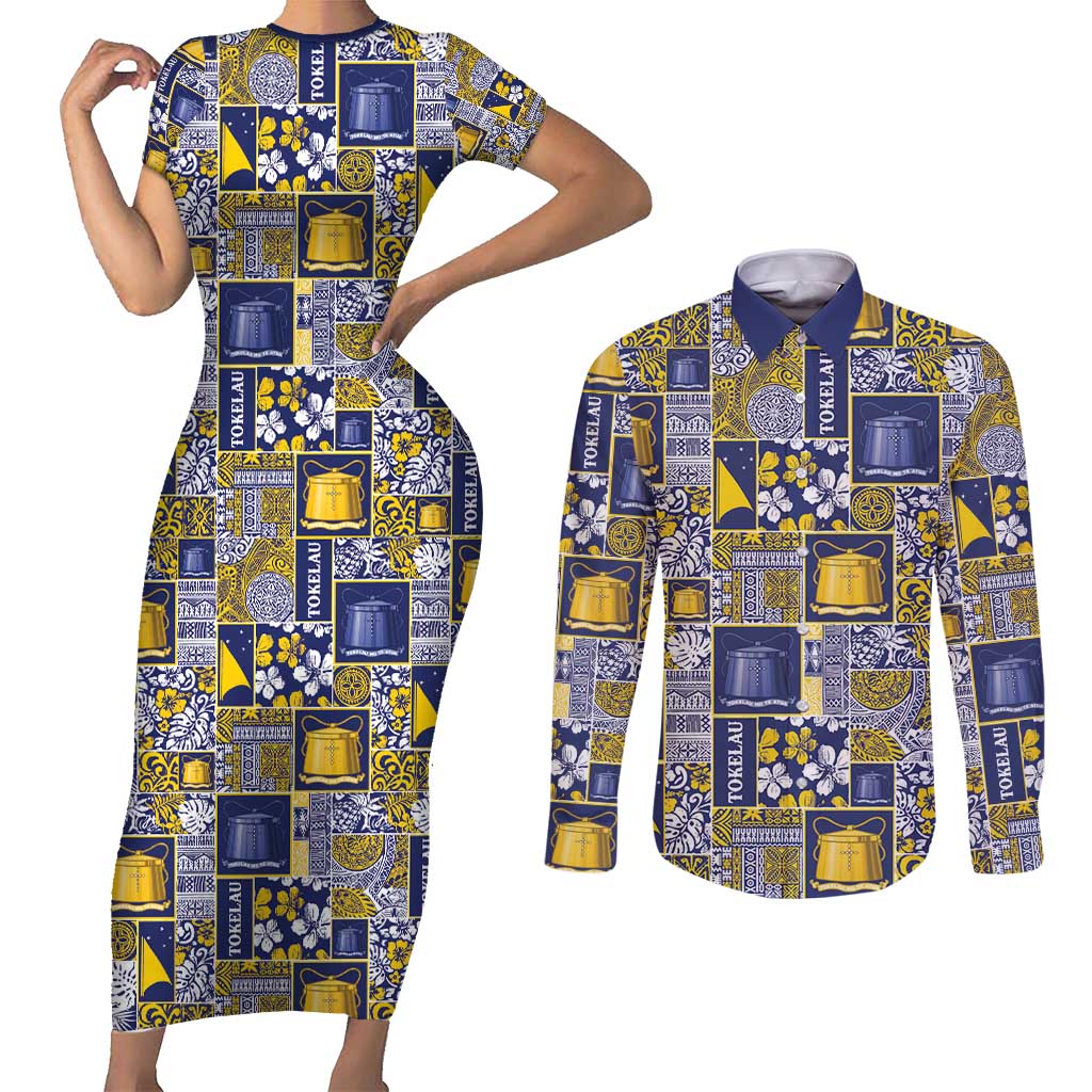 Tokelau Manuia te Kilihimahi Couples Matching Short Sleeve Bodycon Dress and Long Sleeve Button Shirt Pacific Patchwork Xmas Vibes - Polynesian Pride
