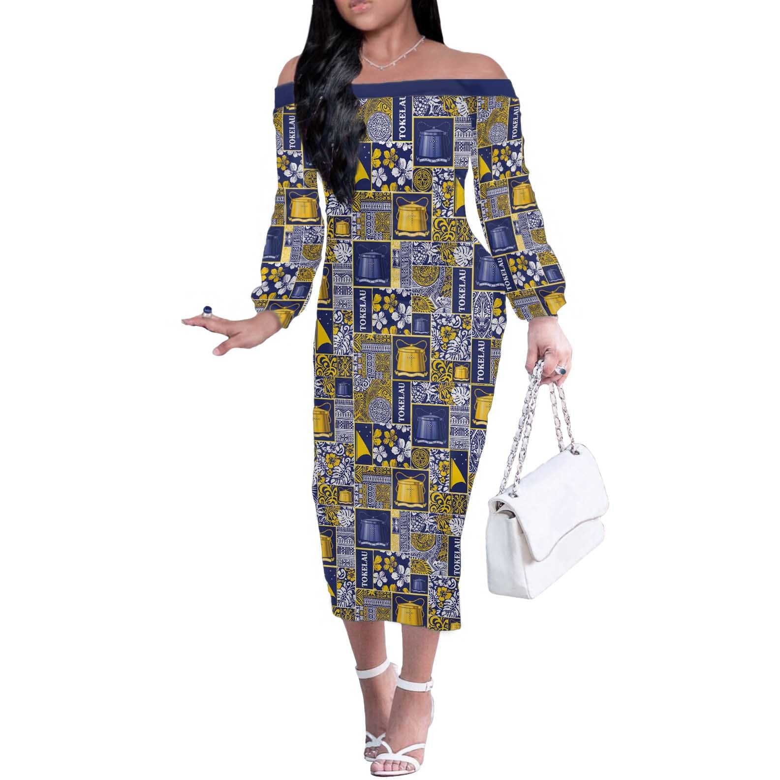 Tokelau Manuia te Kilihimahi Off The Shoulder Long Sleeve Dress Pacific Patchwork Xmas Vibes - Polynesian Pride