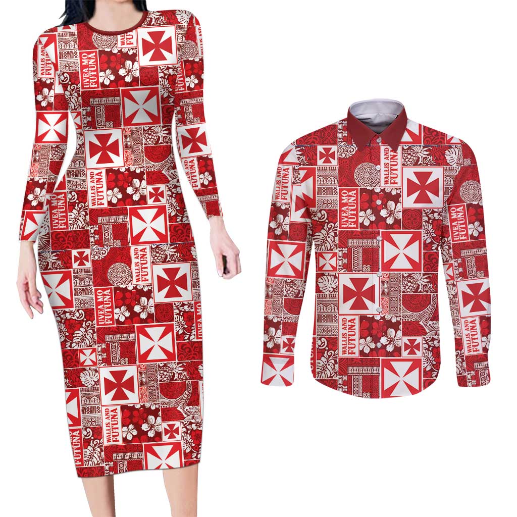 Wallis Et Futuna Kilisimasi Fiefia Couples Matching Long Sleeve Bodycon Dress and Long Sleeve Button Shirt Pacific Patchwork Xmas Vibes - Polynesian Pride