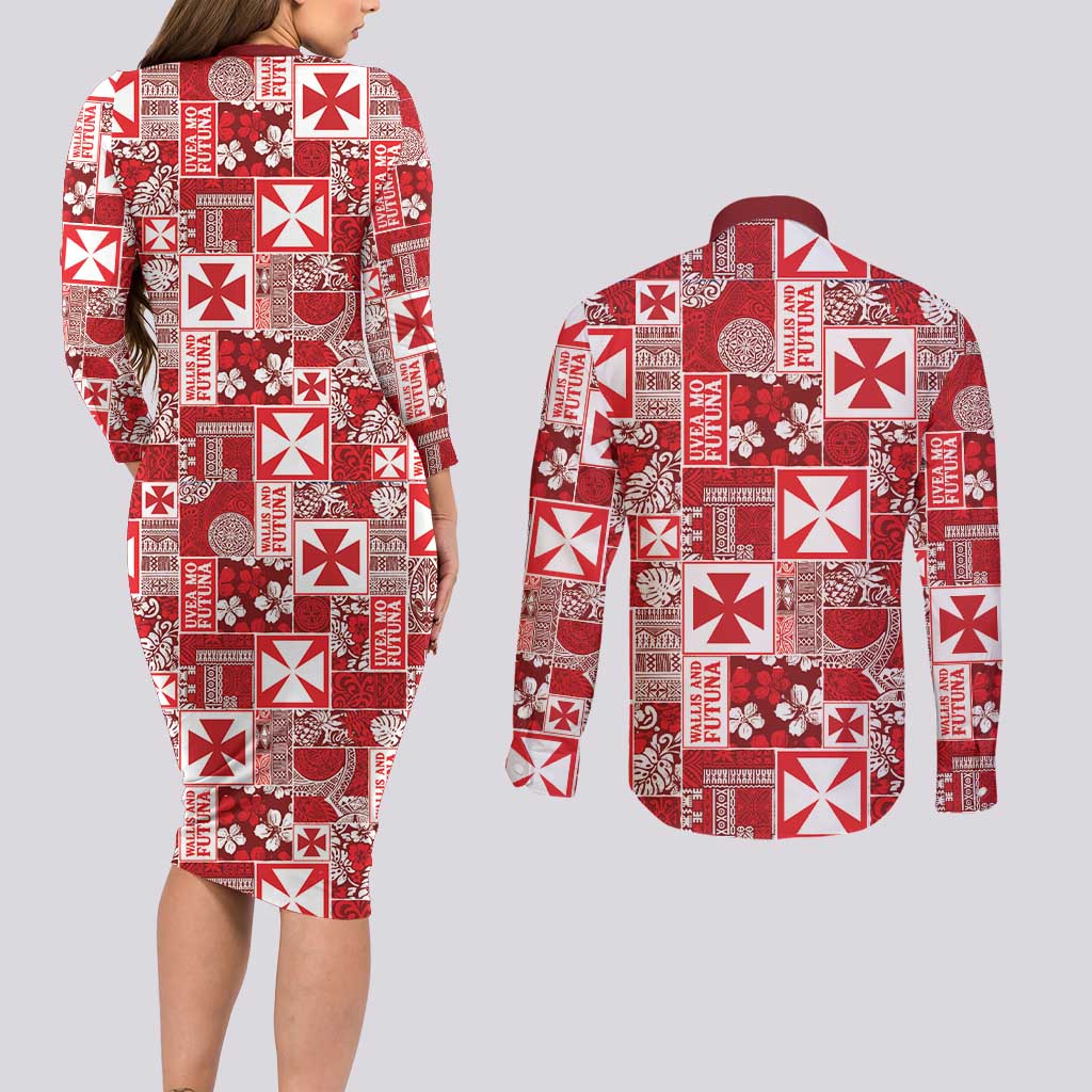 Wallis Et Futuna Kilisimasi Fiefia Couples Matching Long Sleeve Bodycon Dress and Long Sleeve Button Shirt Pacific Patchwork Xmas Vibes - Polynesian Pride