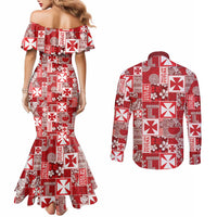Wallis Et Futuna Kilisimasi Fiefia Couples Matching Mermaid Dress and Long Sleeve Button Shirt Pacific Patchwork Xmas Vibes - Polynesian Pride